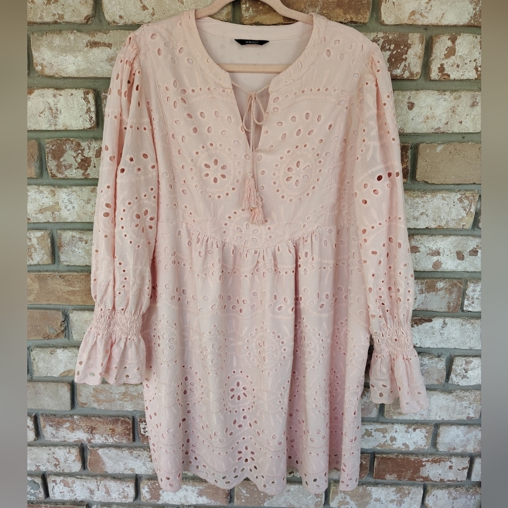 Dokotoo Women's Peach Eyelet Smocked Sleeve Babydoll Mini Dress Sz 2XL Spring